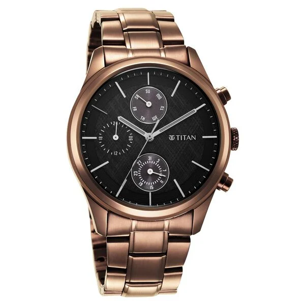 Titan Men Black Dial & Brown Stainless Steel Straps Analogue Multi Function Watch 1805QM04